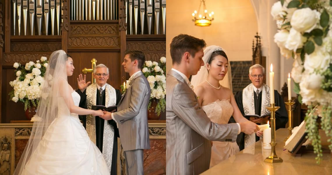 フランス・アメリカン・チャーチ凱旋門とウェディングカップル撮影